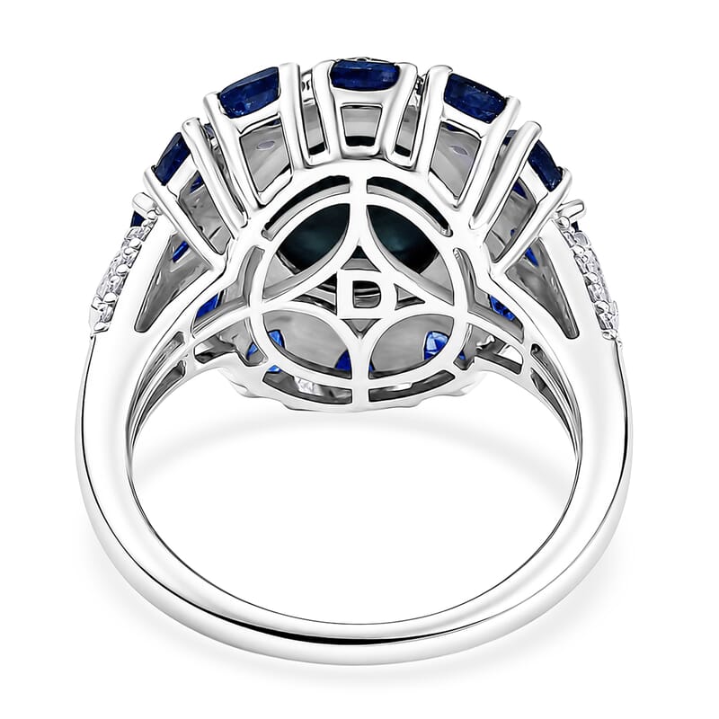 D'Joy Blue Star Sapphire (DF) and Multi Gemstone 8.50 ctw Starburst Blossom Ring in Rhodium Over Sterling Silver (Size 10.0)