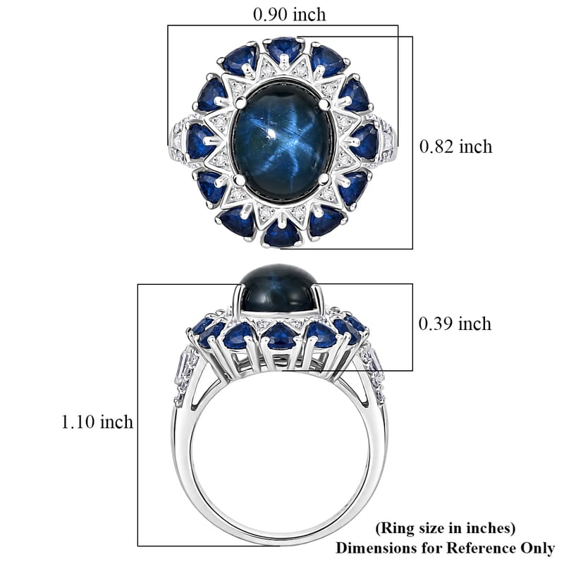 D'Joy Blue Star Sapphire (DF) and Multi Gemstone 8.50 ctw Starburst Blossom Ring in Rhodium Over Sterling Silver (Size 10.0)