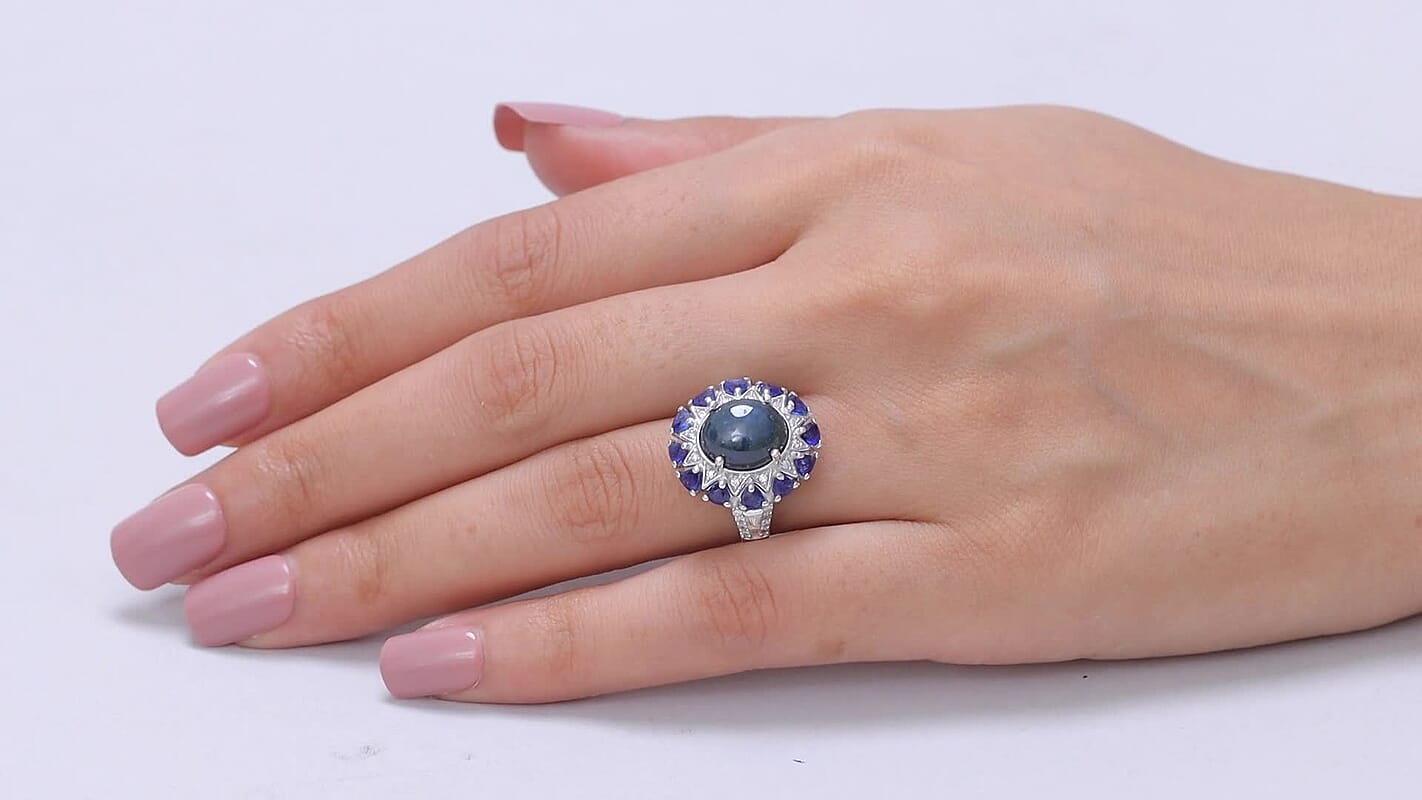 D'Joy Blue Star Sapphire (DF) and Multi Gemstone 8.50 ctw Ring in Rhodium Over Sterling Silver