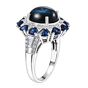 D'Joy Blue Star Sapphire (DF) and Multi Gemstone 8.50 ctw Ring in Rhodium Over Sterling Silver (Size 9.0)