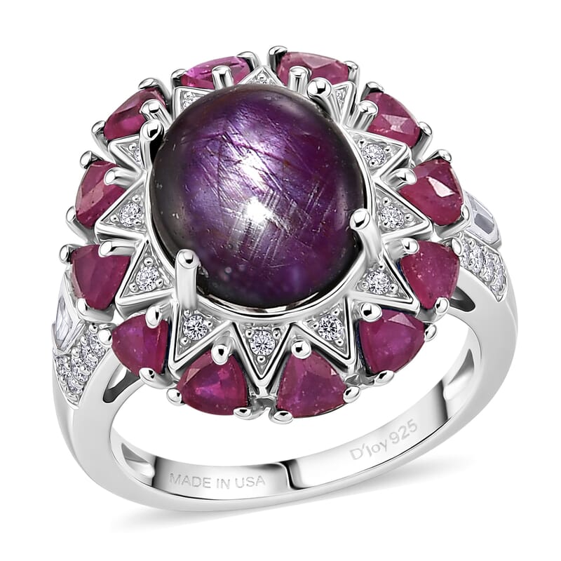 D'Joy Indian Star Ruby and Multi Gemstone 9.50 ctw Starburst Blossom Ring in Rhodium Over Sterling Silver (Size 5.0)