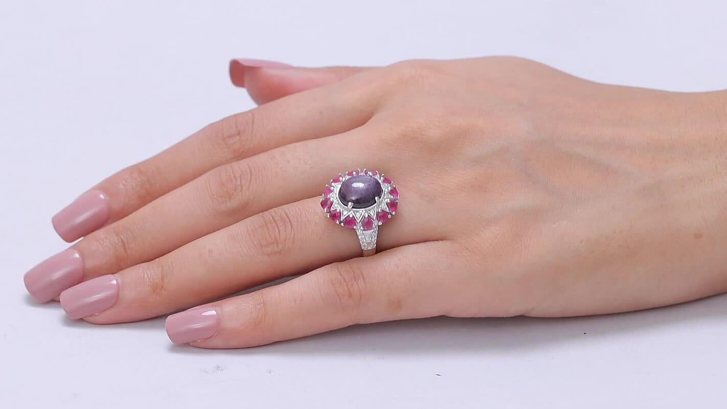 D'Joy Blue Star Sapphire (DF) and Multi Gemstone 8.50 ctw Ring in Rhodium Over Sterling Silver