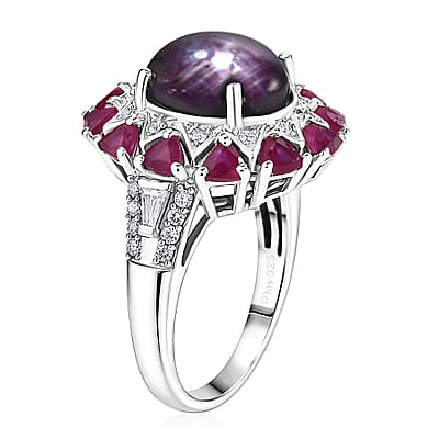 D'Joy Indian Star Ruby and Multi Gemstone 9.50 ctw Starburst Blossom Ring in Rhodium Over Sterling Silver (Size 5.0)