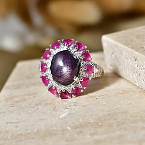 D'Joy Indian Star Ruby and Multi Gemstone 9.50 ctw Ring in Rhodium Over Sterling Silver (Size 7.0)