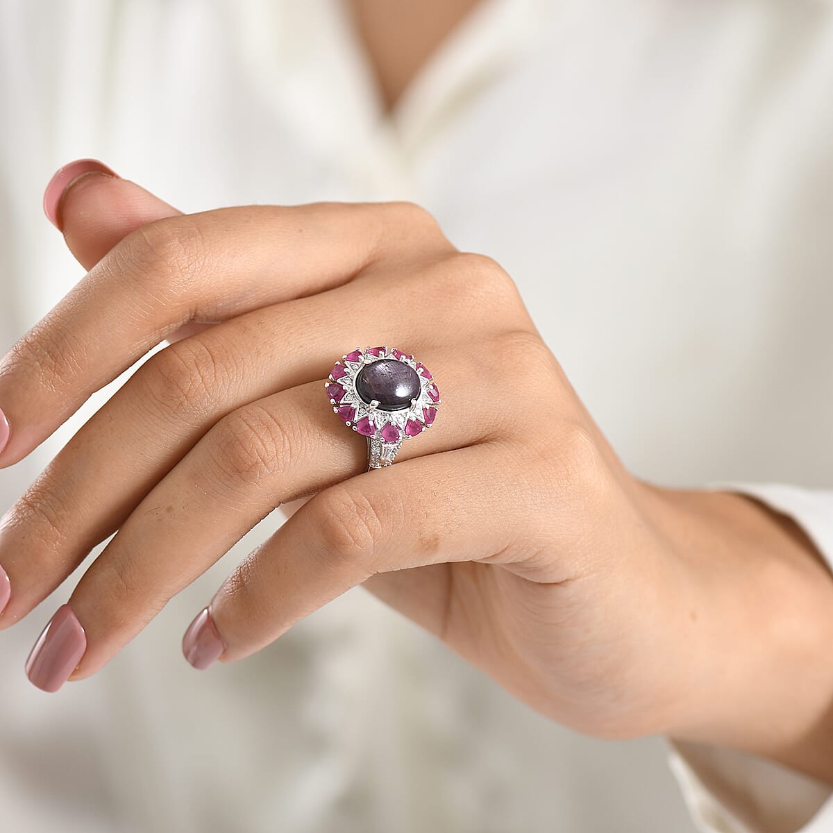 D'Joy Indian Star Ruby and Multi Gemstone 9.50 ctw Ring in Rhodium Over Sterling Silver (Size 9.0) image number 2