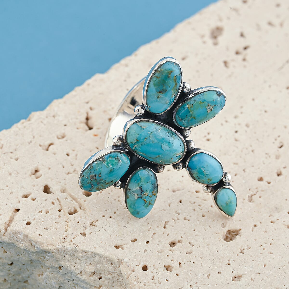 Santa Fe Style Kingman Turquoise 18 ctw Dragonfly Ring in Sterling Silver (Size 10.0) image number 1