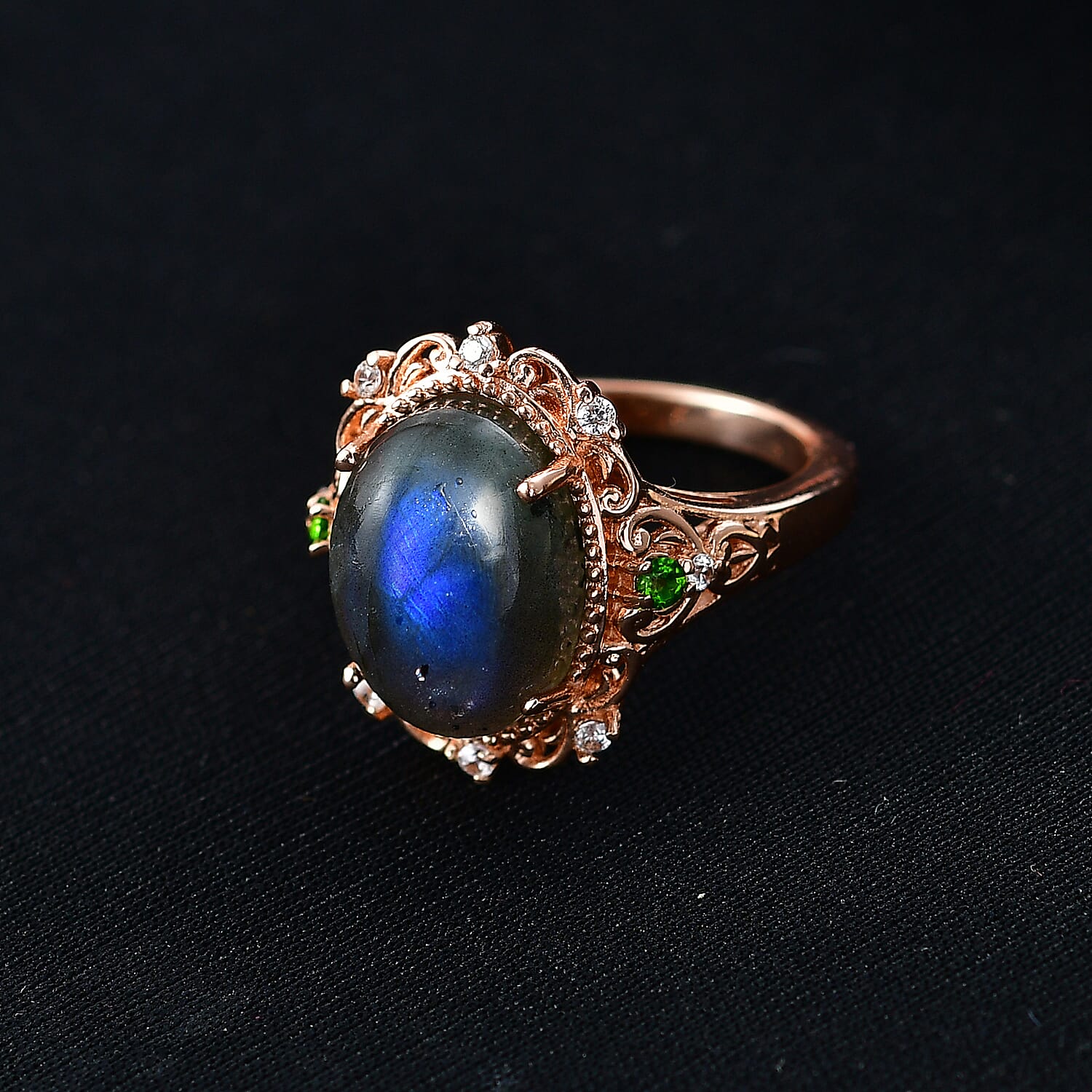 EverTrue Labradorite, Natural Chrome Diopside, White Zircon Solitaire Ring in 18K Rose Gold Plated 6.36 ctw (Size 10.0)