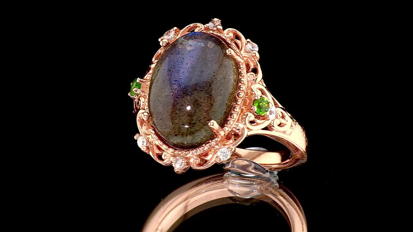 EverTrue Malagasy Labradorite, Multi Gemstone Ring in 18K RG Plated (Size 10.0) 7.85 ctw