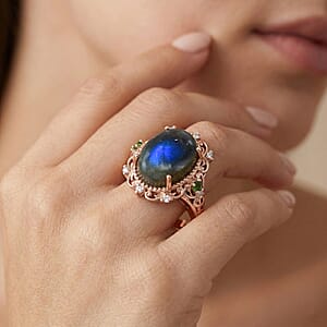 EverTrue Malagasy Labradorite and Multi Gemstone 7.85 ctw Ring in 18K RG Plated (Size 7.0)
