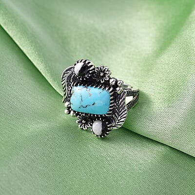 D'Joy Artisan Crafted Premium Blue Moon Turquoise and White Buffalo 4.60 ctw Ring in Sterling Silver (Size 6.0)