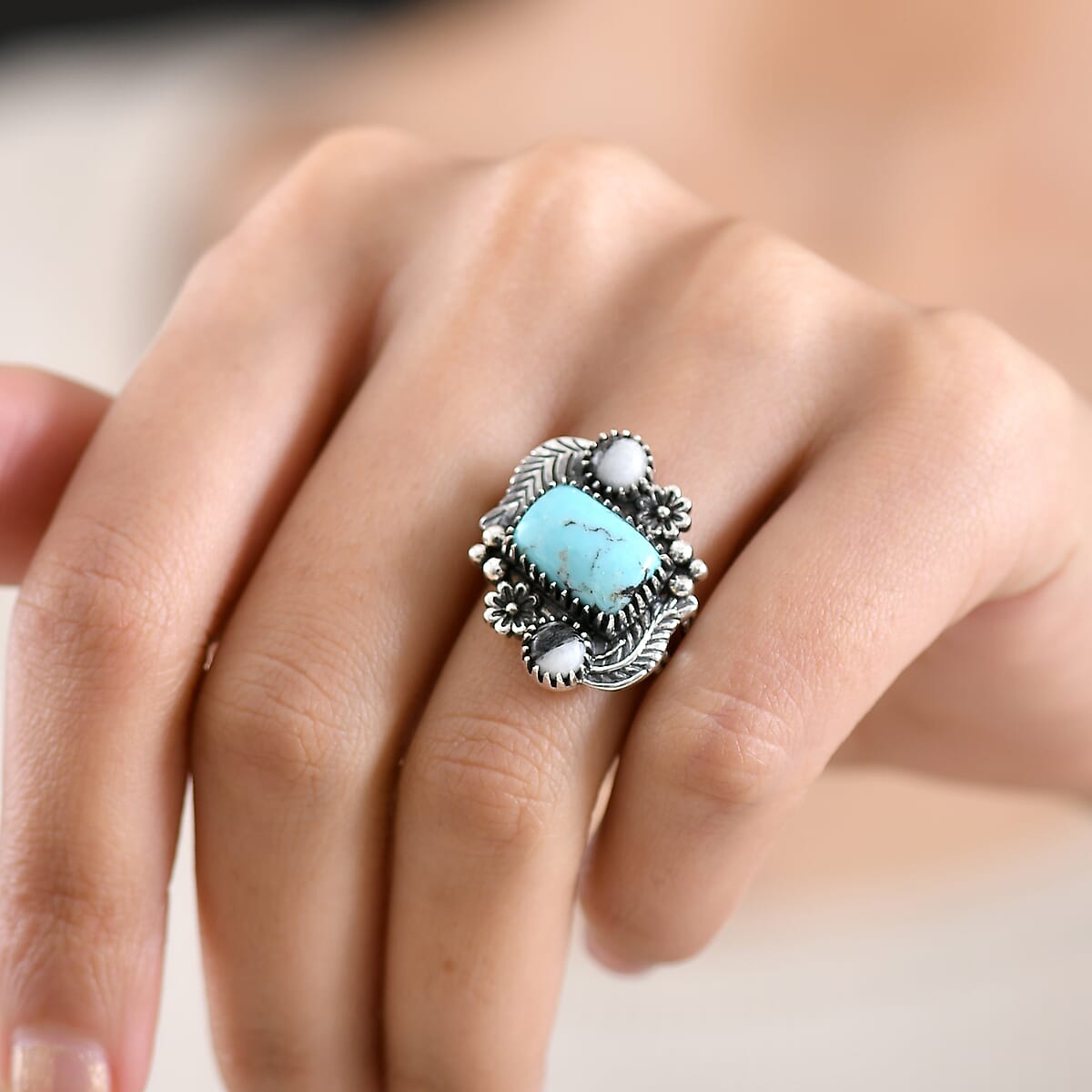 D'Joy Artisan Crafted Premium Blue Moon Turquoise and White Buffalo 4.60 ctw Ring in Sterling Silver (Size 7.0) image number 2