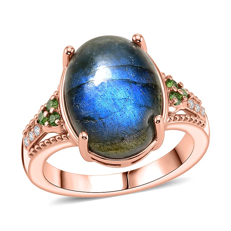 EverTrue Premium Malagasy Labradorite and Multi Gemstone 6.35 ctw Ring in 18K RG Plated (Size 10.0)