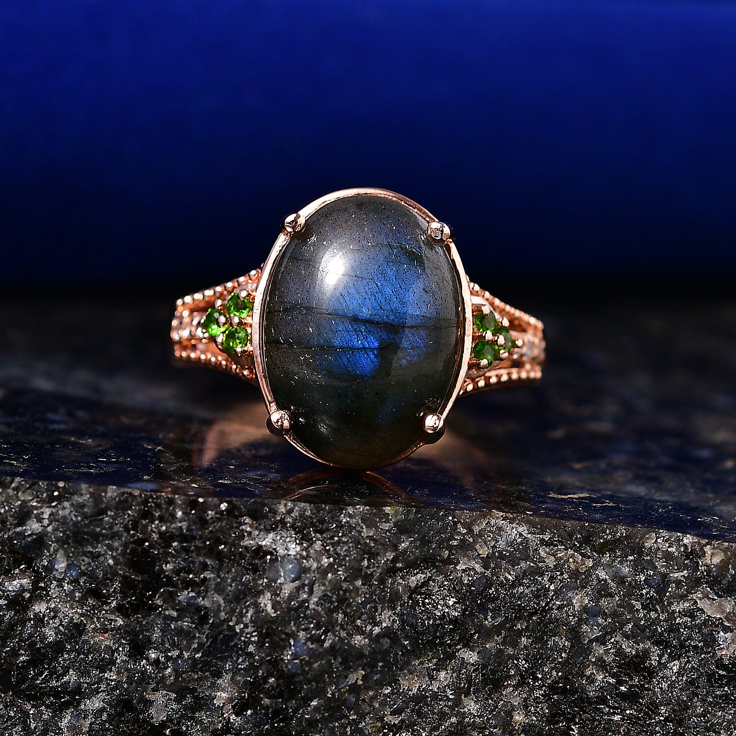 EverTrue Premium Malagasy Labradorite and Multi Gemstone 6.35 ctw Ring in 18K RG Plated (Size 10.0)