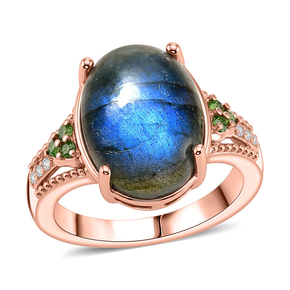 EverTrue Premium Malagasy Labradorite and Multi Gemstone 6.35 ctw Ring in 18K RG Plated (Size 8.0)