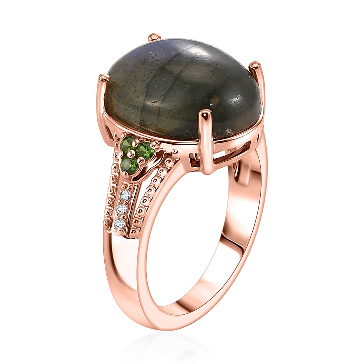 EverTrue Premium Malagasy Labradorite and Multi Gemstone 6.35 ctw Ring in 18K RG Plated (Size 8.0)