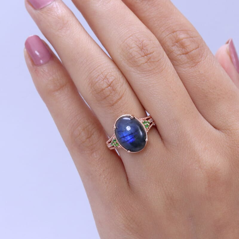 EverTrue Premium Malagasy Labradorite and Multi Gemstone 6.35 ctw Ring in 18K RG Plated (Size 9.0)