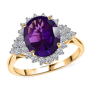 10K Yellow Gold AAA Lusaka Amethyst, Luxuriant Lab Grown Diamond (G-H, SI) (0.70 cts) Ring (Size 7.0) 4.85 ctw