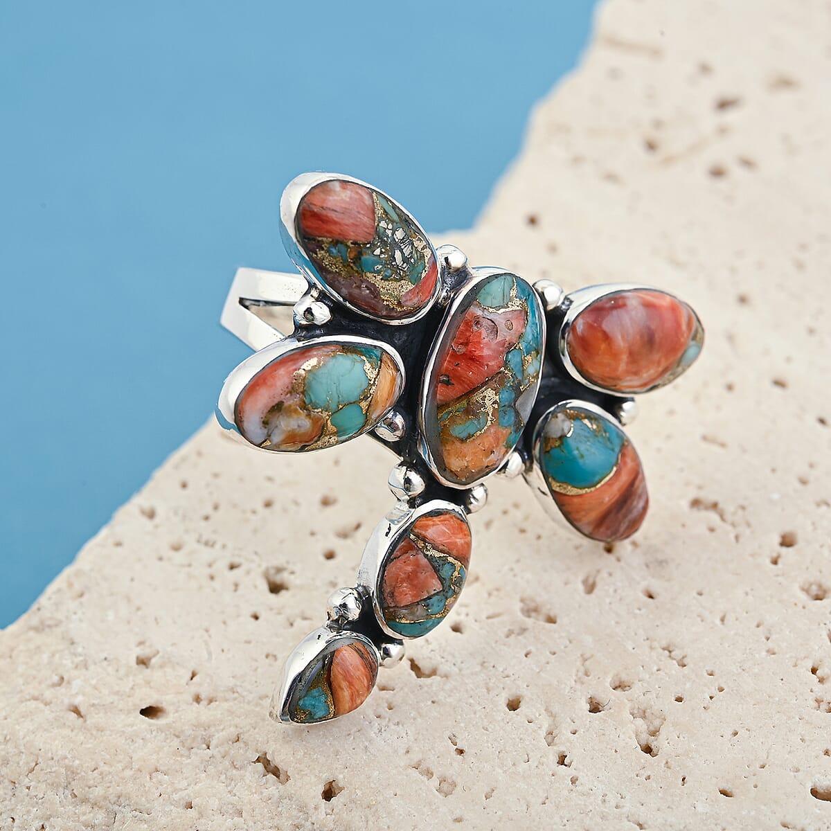 Santa Fe Style Spiny Turquoise 18 ctw Dragonfly Ring in Sterling Silver (Size 10.0) image number 1