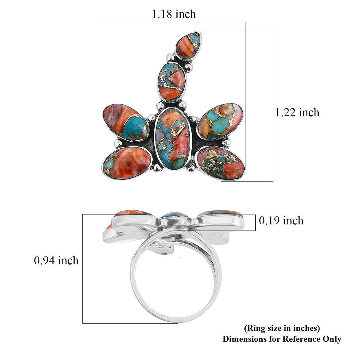 Santa Fe Style Spiny Turquoise 18 ctw Dragonfly Ring in Sterling Silver (Size 10.0) image number 4