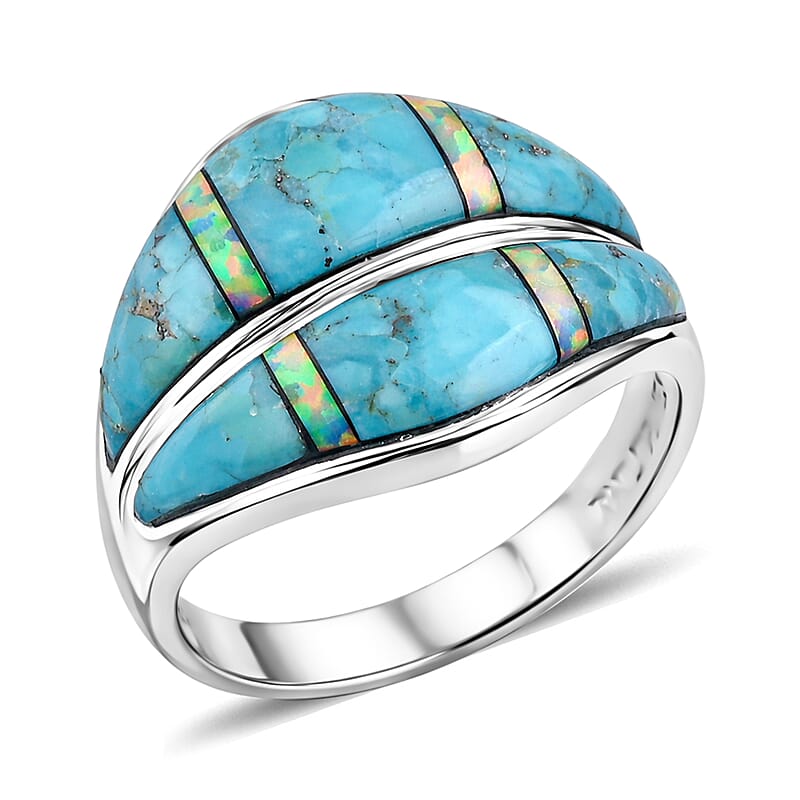 Santa Fe Style Kingman Turquoise and Opal 10.60 ctw Ring in Sterling Silver (Size 10.0)
