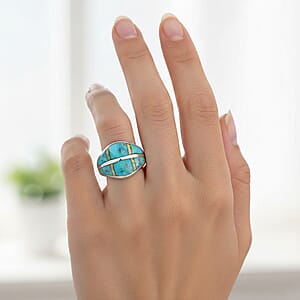 Santa Fe Style Kingman Turquoise and Opal 10.60 ctw Ring in Sterling Silver (Size 10.0)