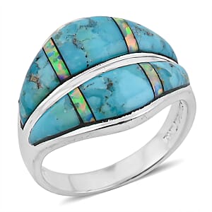Santa Fe Style Kingman Turquoise and Opal 10.60 ctw Ring in Sterling Silver (Size 11.0)