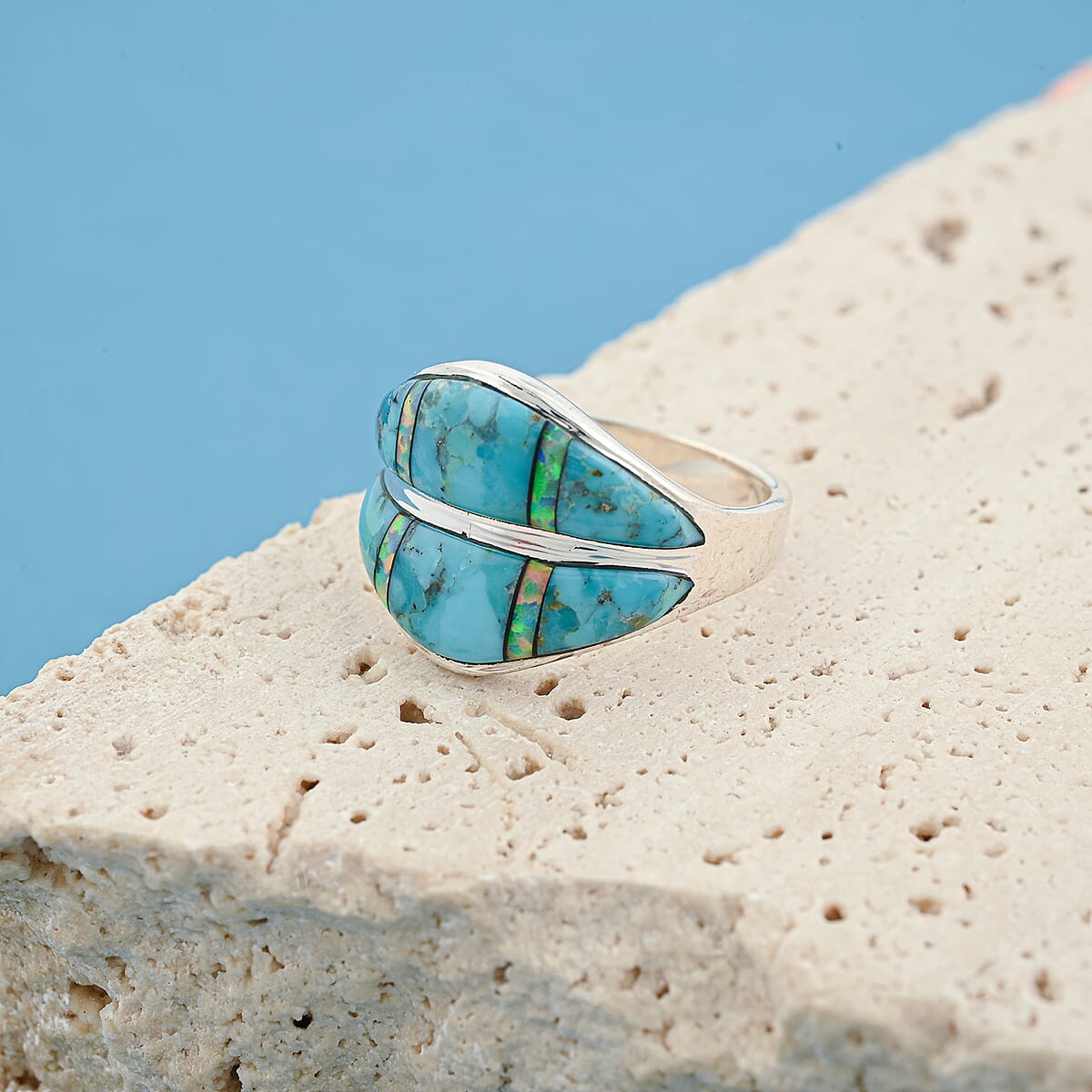 Santa Fe Style Kingman Turquoise and Opal 10.60 ctw Ring in Sterling Silver (Size 6.0) image number 1