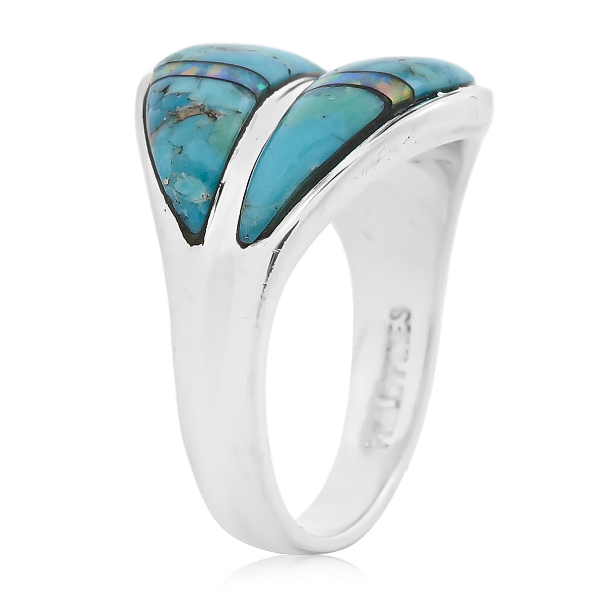 Santa Fe Style Kingman Turquoise and Opal 10.60 ctw Ring in Sterling Silver (Size 6.0) image number 3