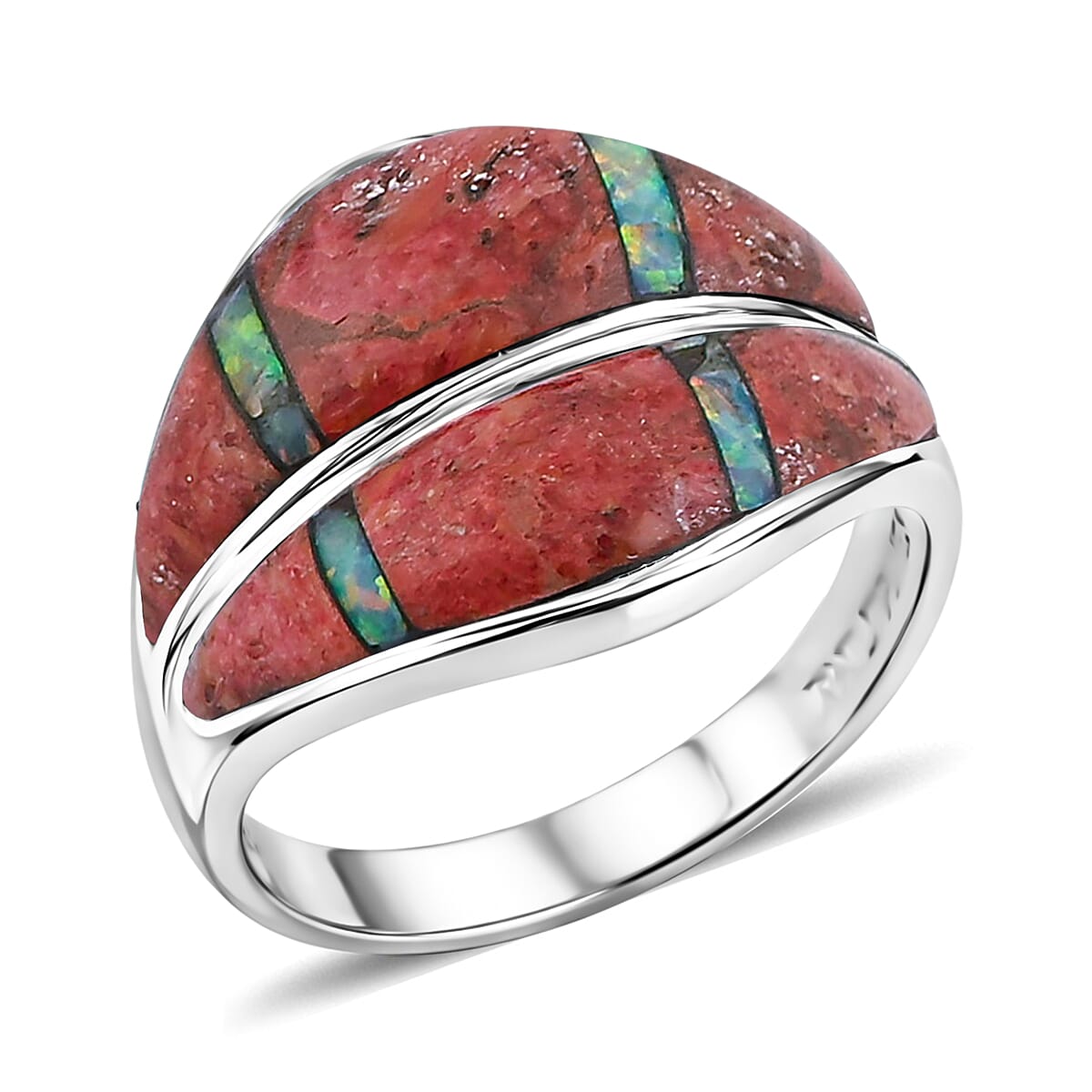 Santa Fe Style Red Coral and Opal 10.60 ctw Ring in Sterling Silver (Size 10.0)