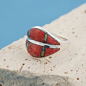 Santa Fe Style Red Coral and Opal 10.60 ctw Ring in Sterling Silver (Size 11.0)