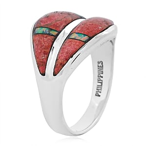 Santa Fe Style Red Coral and Opal 10.60 ctw Ring in Sterling Silver (Size 11.0)