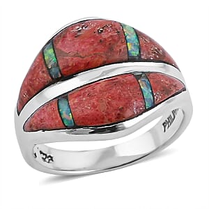 Santa Fe Style Red Coral and Opal 10.60 ctw Ring in Sterling Silver (Size 6.0)