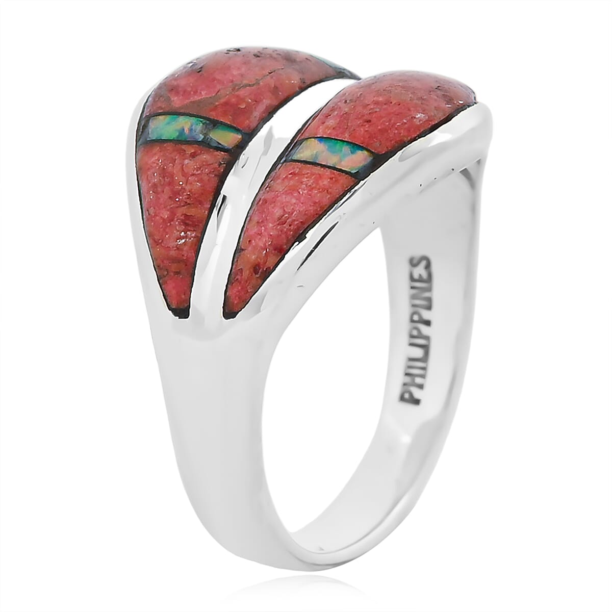 Santa Fe Style Red Coral and Opal 10.60 ctw Ring in Sterling Silver (Size 7.0) image number 3