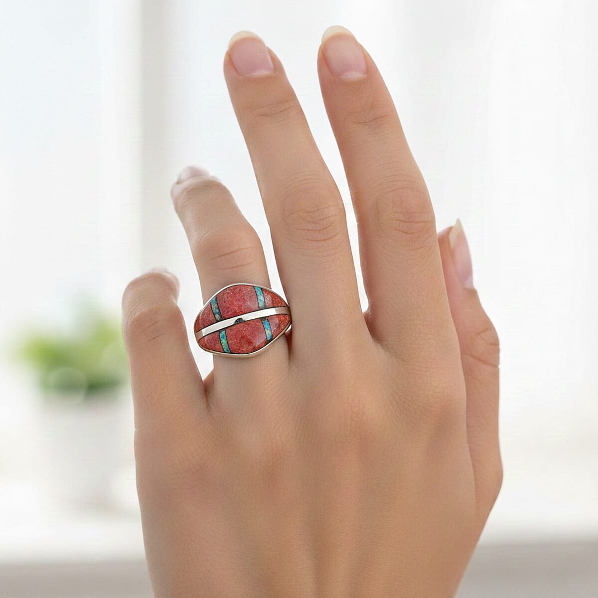 Santa Fe Style Red Coral and Opal 10.60 ctw Ring in Sterling Silver (Size 9.0) image number 2