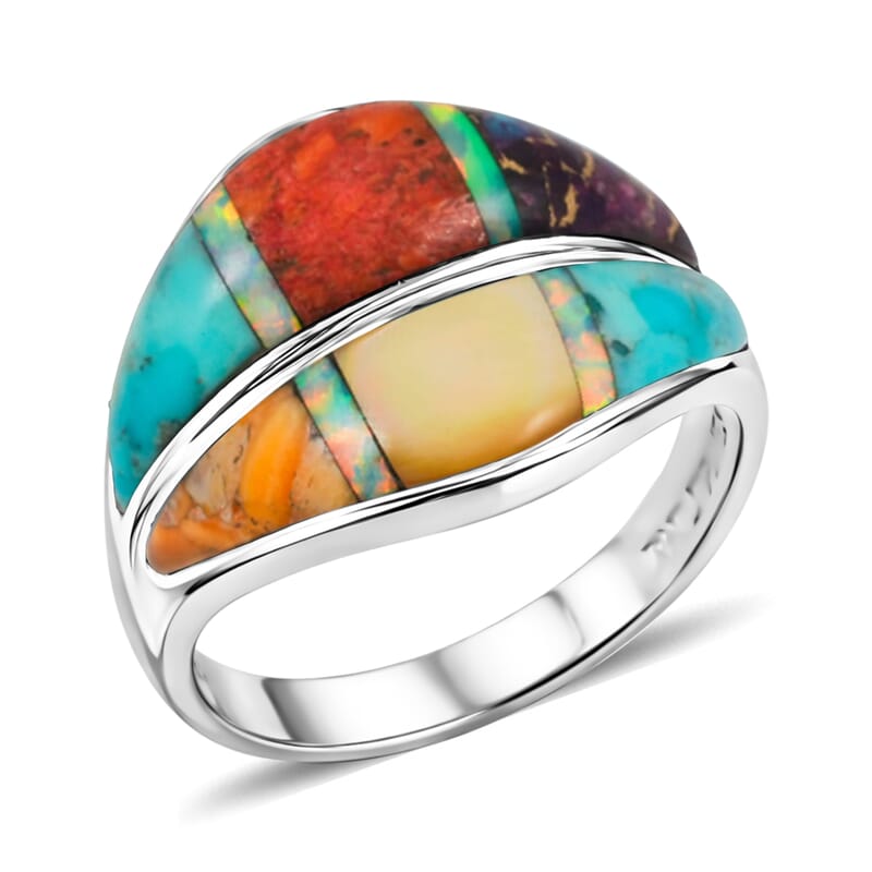 Santa Fe Style Multi Gemstone and Opal 10.60 ctw Rainbow Ring in Sterling Silver (Size 10.0)