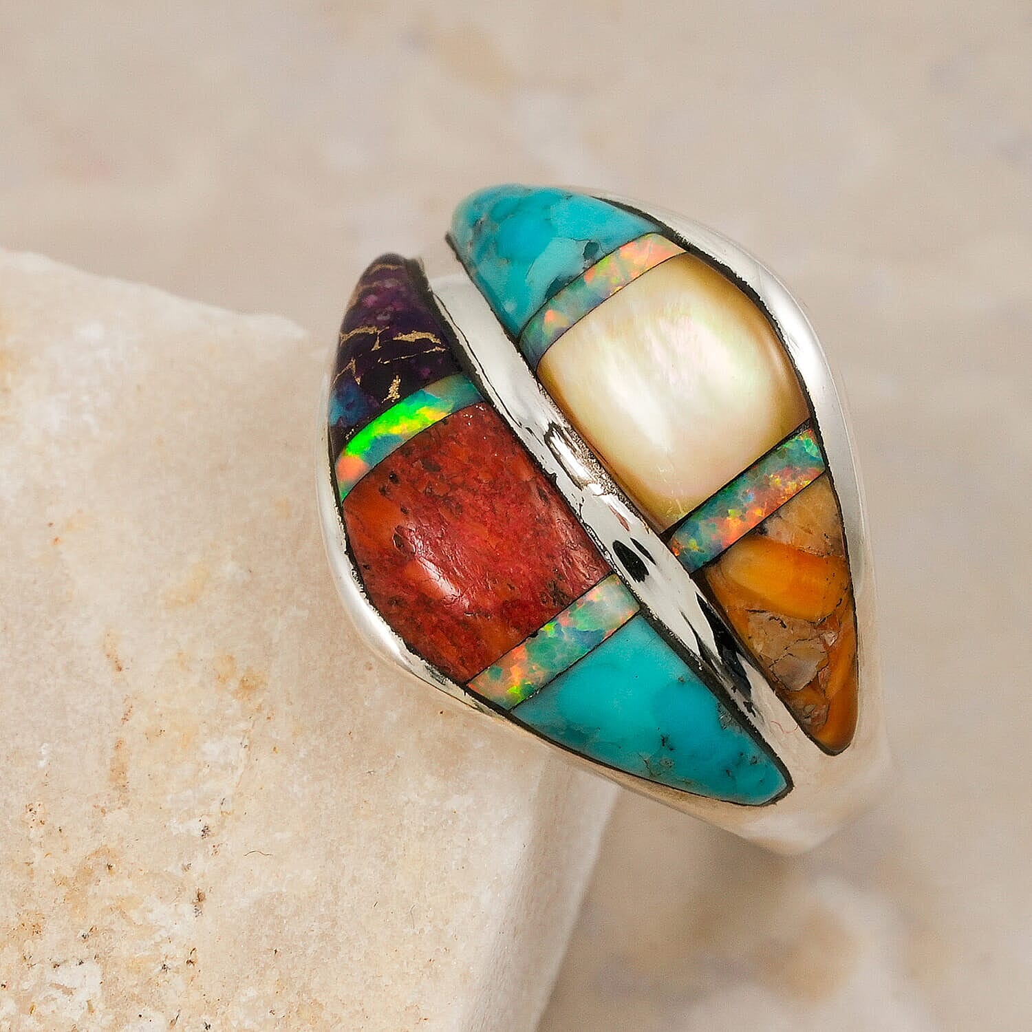 Santa Fe Style Multi Gemstone and Opal 10.60 ctw Rainbow Ring in Sterling Silver (Size 10.0)