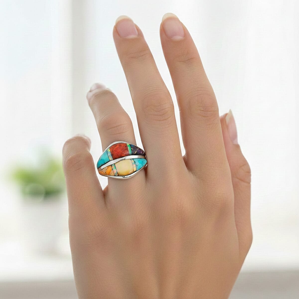 Santa Fe Style Multi Gemstone and Opal 10.60 ctw Rainbow Ring in Sterling Silver (Size 11.0) image number 2