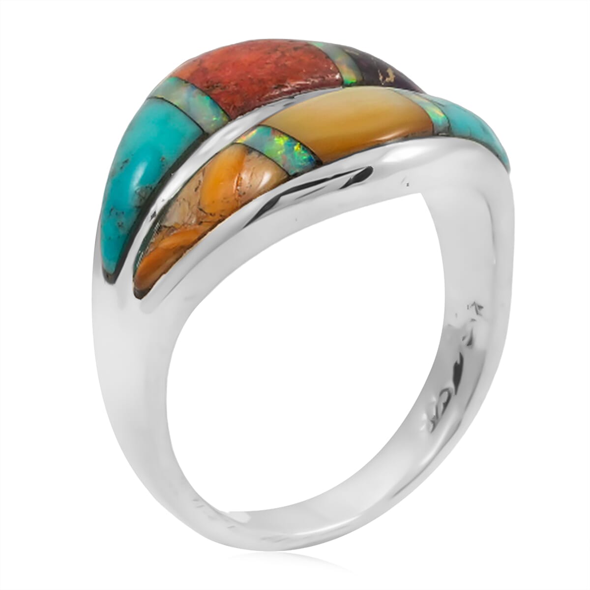 Santa Fe Style Multi Gemstone and Opal 10.60 ctw Rainbow Ring in Sterling Silver (Size 6.0) image number 3