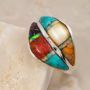 Santa Fe Style Multi Gemstone and Opal 10.60 ctw Rainbow Ring in Sterling Silver (Size 7.0)