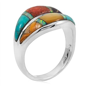 Santa Fe Style Multi Gemstone and Opal 10.60 ctw Rainbow Ring in Sterling Silver (Size 7.0)