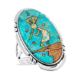 Santa Fe Style Kingman Turquoise and Multi Gemstone 12.50 ctw Kokopelli Ring in Sterling Silver (Size 10.0)