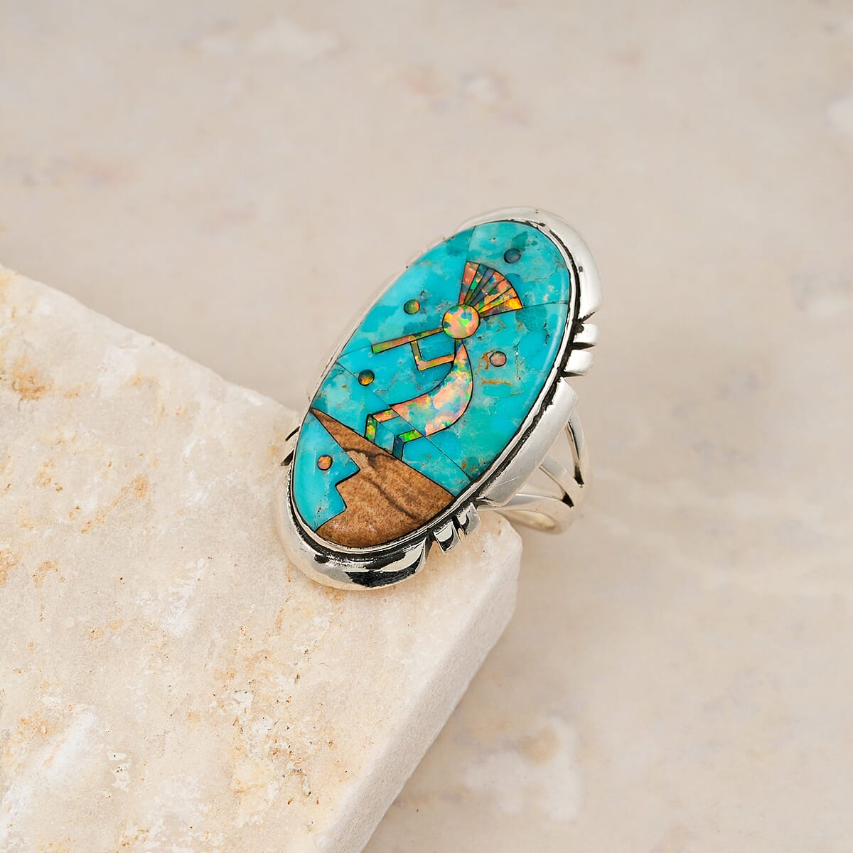 Santa Fe Style Kingman Turquoise and Multi Gemstone 12.50 ctw Kokopelli Ring in Sterling Silver (Size 10.0) image number 1
