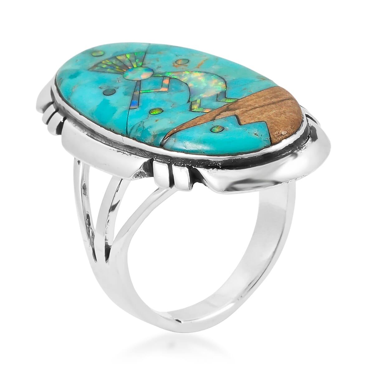 Santa Fe Style Kingman Turquoise and Multi Gemstone 12.50 ctw Kokopelli Ring in Sterling Silver (Size 10.0) image number 3