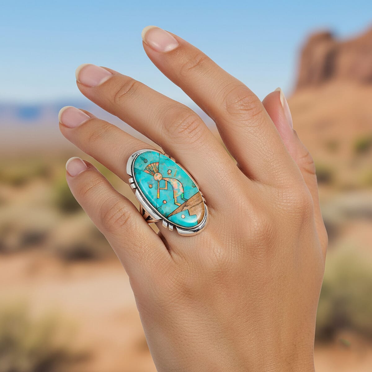 Santa Fe Style Kingman Turquoise and Multi Gemstone 12.50 ctw Kokopelli Ring in Sterling Silver (Size 6.0) image number 2