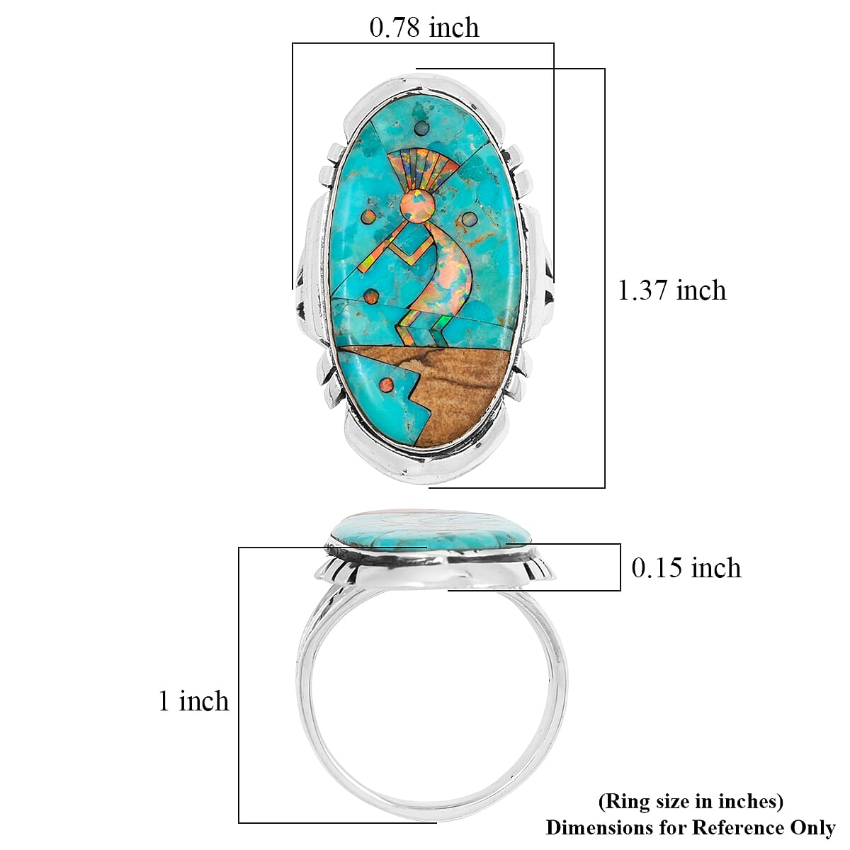 Santa Fe Style Kingman Turquoise and Multi Gemstone 12.50 ctw Kokopelli Ring in Sterling Silver (Size 7.0) image number 4
