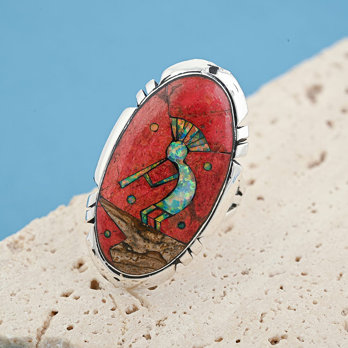 Santa Fe Style Red Coral and Multi Gemstone 12.50 ctw Kokopelli Ring in Sterling Silver (Size 11.0) image number 1