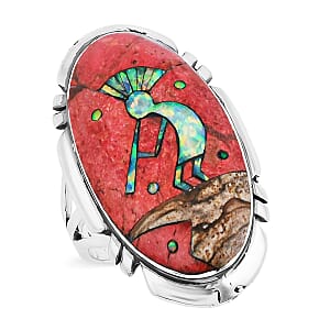 Santa Fe Style Red Coral and Multi Gemstone 12.50 ctw Kokopelli Ring in Sterling Silver (Size 8.0)