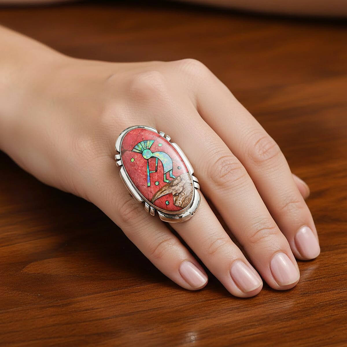 Santa Fe Style Red Coral and Multi Gemstone 12.50 ctw Kokopelli Ring in Sterling Silver (Size 8.0) image number 2