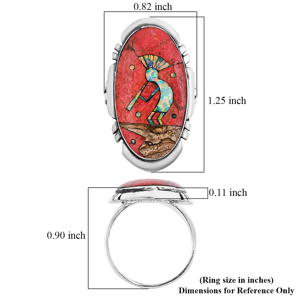 Santa Fe Style Red Coral and Multi Gemstone 12.50 ctw Kokopelli Ring in Sterling Silver (Size 8.0) image number 4