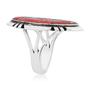 Santa Fe Style Red Coral and Multi Gemstone 12.50 ctw Kokopelli Ring in Sterling Silver (Size 9.0)